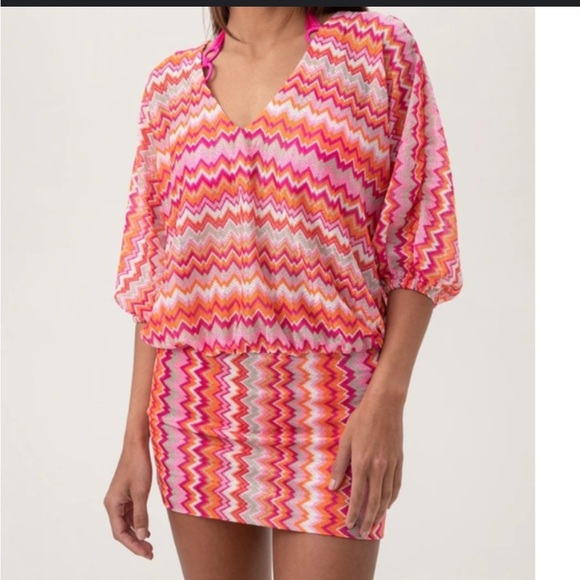 Trina Turk Women's Zen Zig Zag Crochet V-Neck Short Swim Cover-Up Dress L/XL - Picture 1 of 7